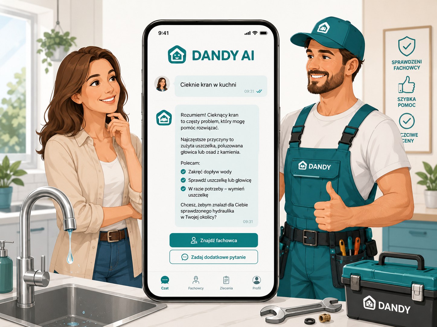 Kobieta zlecająca naprawę, fachowiec oraz telefon z DANDY AI i cieknącym kranem